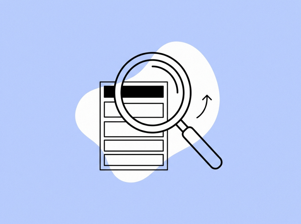 Illustrazione SEO: lente d'ingrandimento su una pagina di risultati con il primo evidenziato, inchiostro su azzurro